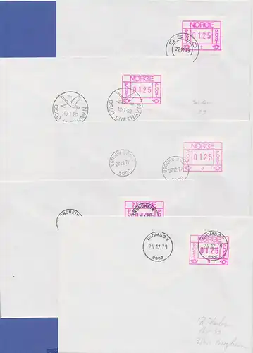 Norwegen Frama-ATM 1978, je ein Brief mit ATM 0125 von allen 5 Automaten 1-5 