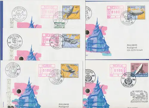 Norwegen Frama-ATM 1978, 5 Briefe von der NORWEX80 mit allen Aut.-Nr. 1-5 (1)