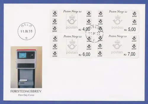 Norwegen ATM-ähnliche Briefmarken mit fester Wertangabe. 4 Werte auf FDC 11.6.99