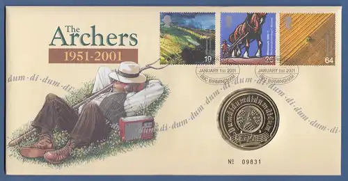 Großbritannien Coin-FDC 2001, The Archers 1951-2001, mit Gedenkmedaille