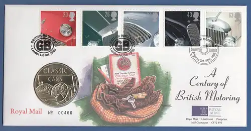 Großbritannien Coin-FDC 1996, Britische Automobile, mit Gedenkmedaille.