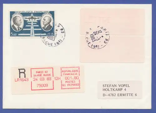 Frankreich Sonder-ATM SICOB 1982 und PHILEXFRANCE 1982 auf R-Brief ab Paris 1983