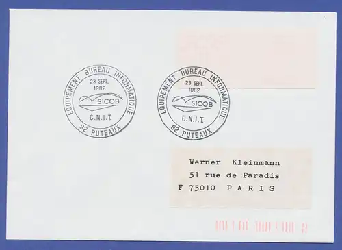 Frankreich Sonder-ATM SICOB 1982 Type I als EF auf Inlandsbrief, 23.9.1982 