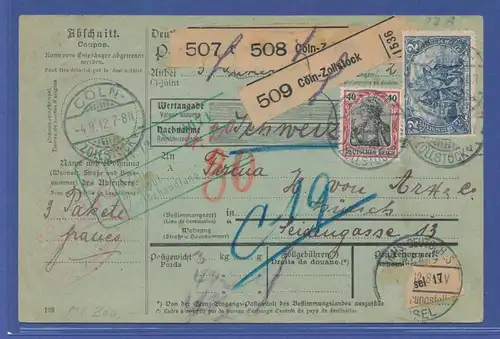 Auslands-Paketkarte in die Schweiz ab Cöln mit MIF Mi.-Nr. 75 und 82A,  1903.