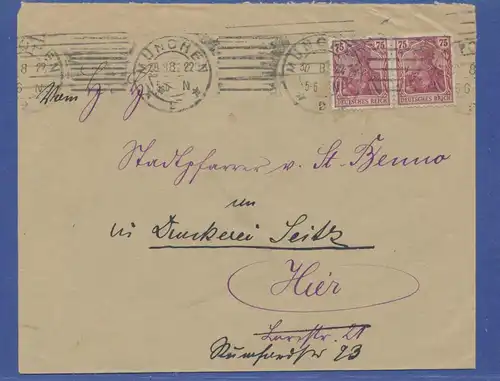 München Orts-Brief frankiert mit MEF 2x Mi.-Nr. 148 II, 30.8.1922