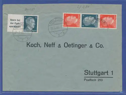 Deutsches Reich Zusammendrucke W151 und S281 auf Brief aus Regensburg, 1942