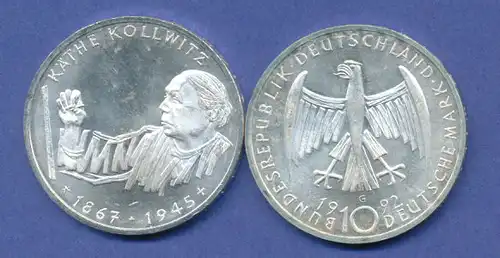 Bundesrepublik 10DM Silber-Gedenkmünze 1992, 125. Geburtstag Käthe Kollwitz