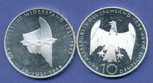 Bundesrepublik 10DM Silber-Gedenkmünze 1994, 50 Jahre Deutscher Widerstand