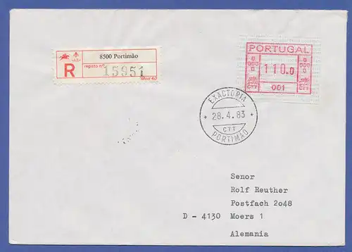 Portugal Frama-ATM 1981, R-Brief mit ATM 001 aus OA mit Orts-O Portimao 28.4.83