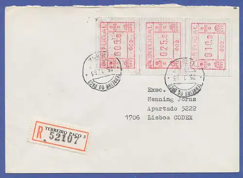 Portugal Frama-ATM 1981, R-Brief mit ATM 002 aus OA und Orts-O 25.1.83 