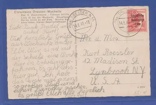 SBZ, 30 Pfg. Maschinenaufdruck als portoger. Einzelfrankatur auf AK in die USA 