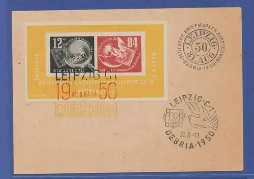 DDR 1950, DEBRIA Block mit 3-farbigem Sonderstempel auf Karte. 