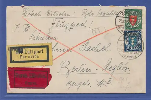 Danzig, Mi.-Nr. 198 und 199 auf Eil-Luftpostbrief nach Berlin, Zoppot 28.12.27