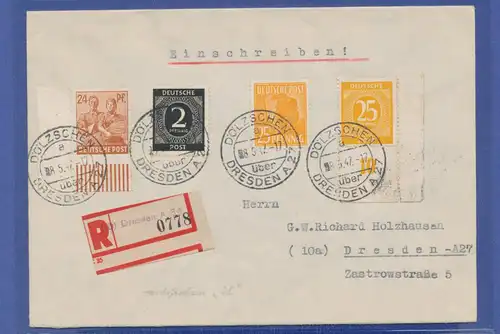 All. Kontrollrat, 76-Pfennig-Frankatur a. Orts-R-Brief, Dölzschen, 2x Eckrand ! 