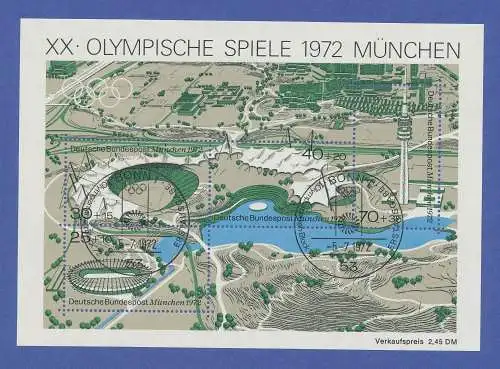Olympische Spiele München 1972.  Blockausgabe Olympiagelände mit Ersttagsstempel