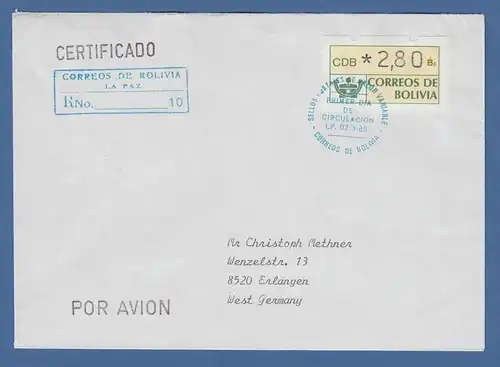 Bolivien Klüssendorf ATM 1989 ATM 2,80 auf R-FDC gelaufen nach Deutschland