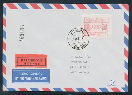 Griechenland: Frama-Sonder-ATM ATHEN'87 z-Papier Wert 0250 auf Express-Brief. 