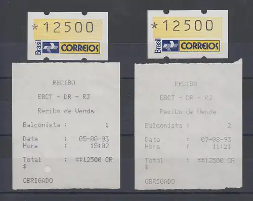 Brasilien ATM Postemblem, Mi.-Nr. 4, je eine ATM 12500 mit AQ Balconista 1 und 2