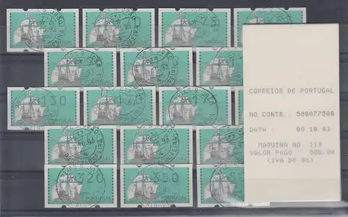 Portugal Klüssendorf ATM Nau, Satz 17 Werte 40-500 Esc. mit ET-O und Quittungen