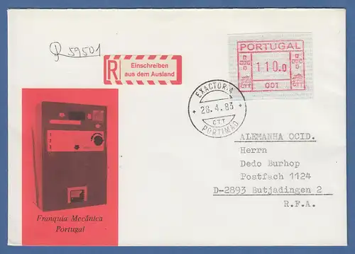 Portugal Frama-ATM 1981, ATM 001 aus OA auf R-brief mit Orts-O Portimao 28.4.83