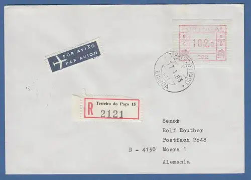 Portugal Frama-ATM 1981, ATM 002 aus OA auf R-Brief Terreiro do Paco, 17.1.83