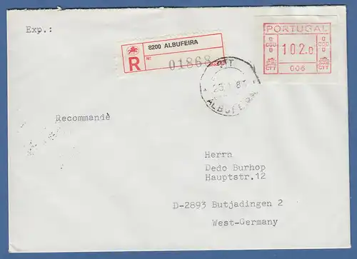 Portugal Frama-ATM 1981, ATM 006 aus OA auf R-Brief Albufeira, 25.1.83