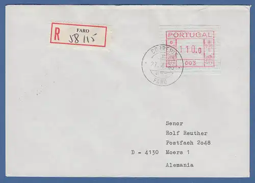 Portugal Frama-ATM 1981, ATM 003 aus OA auf R-Brief Faro, 27.4.83