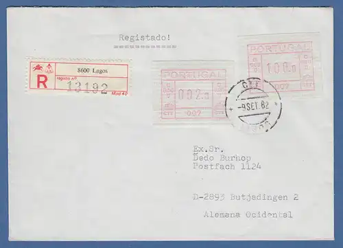 Portugal Frama-ATM 1981, ATM 007 aus OA auf R-Brief Lagos, 9.9.82