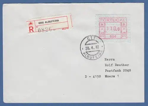 Portugal Frama-ATM 1981, ATM 006 aus OA auf R-Brief Albufeira, 28.4.83