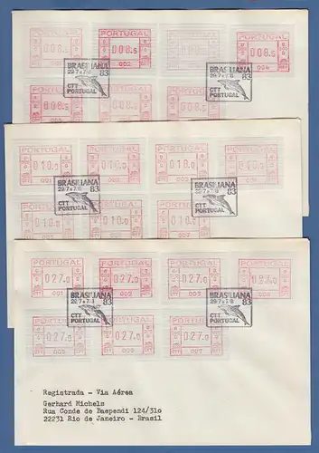 Portugal Frama-ATM Nr. 001-007 je Werte 8.5 - 10,0 - 27,0 auf 3 Briefen SELTEN !
