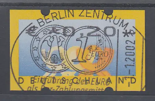 Deutschland ATM 3 Posthörner, Wertangabe in €, Mi.-Nr. 4, Restwert 0,20 mit ET-O
