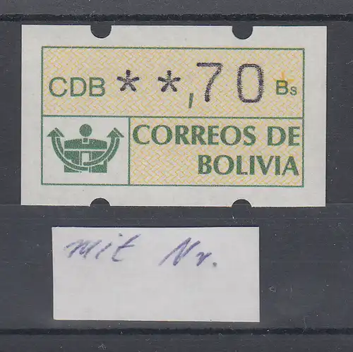 Bolivien Klüssendorf ATM **,70 postfrisch, mit rückseitiger Zählnummer Mi.-Nr. 1