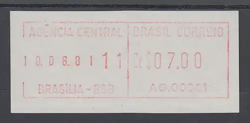 Brasilien FRAMA-ATM AG.00001, Wert 07,00 Cr$, Druckdatum 10.06.81 von VS ** 