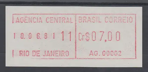 Brasilien FRAMA-ATM AG.00002, Wert 07,00 Cr$, Druckdatum 10.06.81 von VS ** 