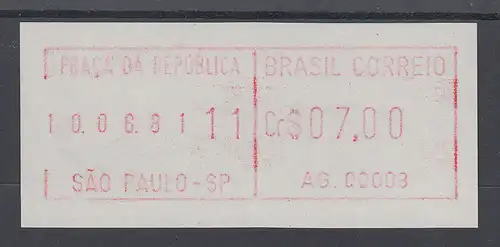 Brasilien FRAMA-ATM AG.00003, Wert 07,00 Cr$, Druckdatum 10.06.81 von VS ** 