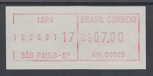 Brasilien FRAMA-ATM AG.00005, Wert 07,00 Cr$, Druckdatum 10.06.81 von VS ** 