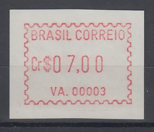 Brasilien FRAMA-ATM VA.00003, Wert 07,00 Cr$, von VS ** 