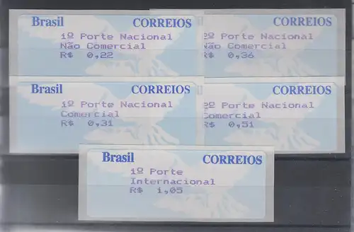 Brasilien Procomp ATM 1997, 3-stellig, Satz 1. Tarif 5 verschiedene Zudrucke **