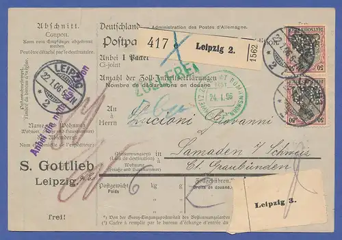 Dt Reich Germania 50 Pfg mit Lochung SG spiegelverkehrt auf Paketkarte n.CH 1906