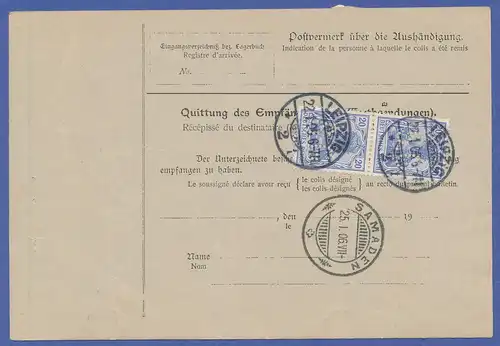 Dt Reich Germania 50 Pfg mit Lochung SG spiegelverkehrt auf Paketkarte n.CH 1906