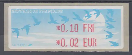 Frankreich LISA-ATM auf Papier Vogelzug hell, Wert 0,10 FRF / 0,02 EUR **