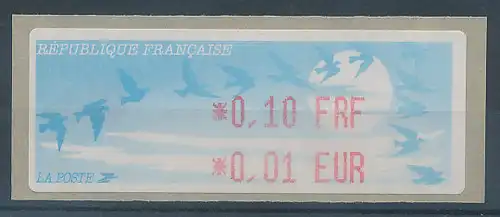 Frankreich LISA-ATM auf Papier Vogelzug hell, Wert 0,10 FRF / 0,01 EUR **