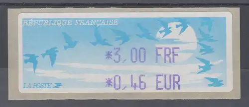 Frankreich LISA-ATM auf Papier Vogelzug hell Wert violett 3,00 FRF / 0,46 EUR **