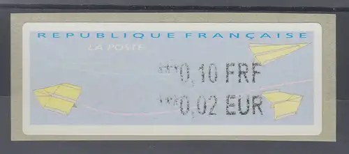 Frankreich LISA-ATM auf Thermo-Papier Papierflieger, Wert 010 FRF / 0,02 EUR **
