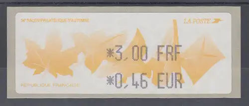 Frankreich LISA-Sonder-ATM Herbstsalon Paris, 2000, Wert 3,00 FRF / 0,46 EUR **