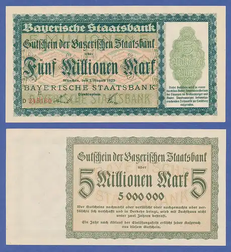 Banknote Bayern 1923, 5 Millionen Mark in guter, kassenfrischer Erhaltung ! 