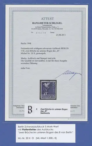 Berlin 1948 Schwarzaufdruck 5 Mark, O, mit Aufdruck-PFL gebrochenes B, Attest 