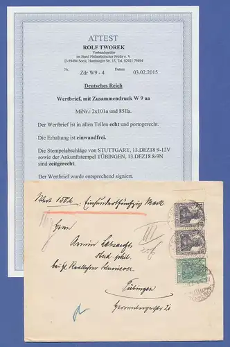 Dt. Reich Infla Germania ZSD W9 aa auf portogerechtem Wertbrief, Attest Tworek