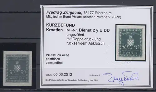 Kroatien / Hrvatska  Dienstmarke  Mi.-Nr. 2y ungezähnt Doppeldruck, KB Zrinjscak