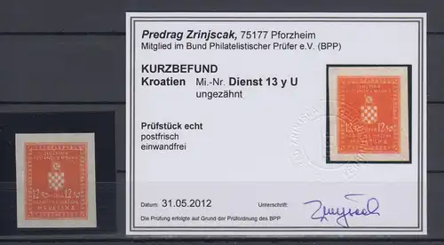 Kroatien / Hrvatska  Dienstmarke  Mi.-Nr. 13y ungezähnt gepr. mit KB Zrinjscak